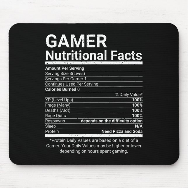 Mousepad Fatos de Nutrição de Gamer Video Games Nerd de Com (Frente)