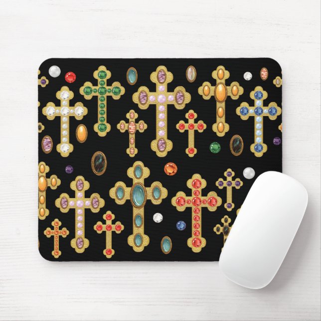 Mousepad Faux Birthstone Croses and Loose Gems on Black (Com mouse)