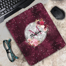 Mousepad Faux Chic Silver Glitter Burgundy Monograma floral