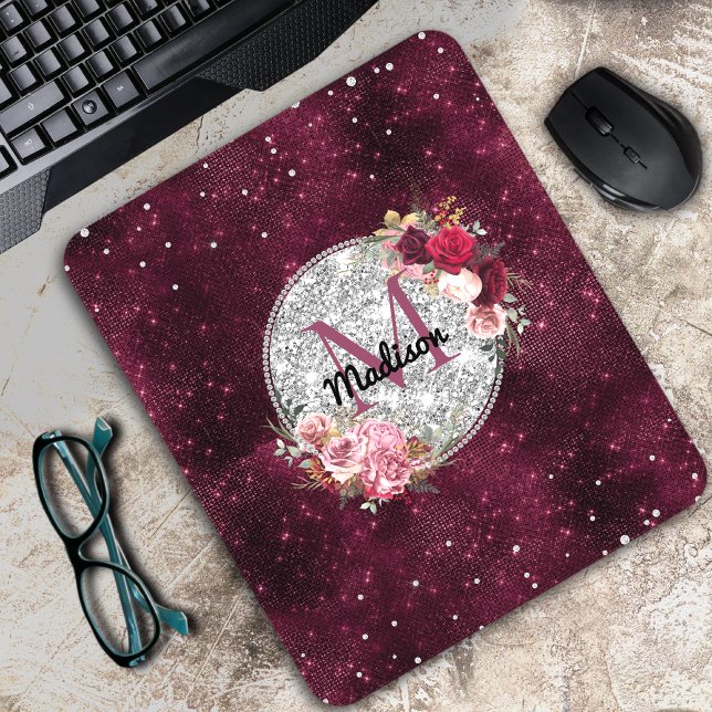 Mousepad Faux Chic Silver Glitter Burgundy Monograma floral (Criador carregado)