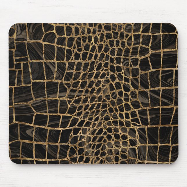 Mousepad Faux Crocodilo Black Marble Líquido e ouro (Frente)