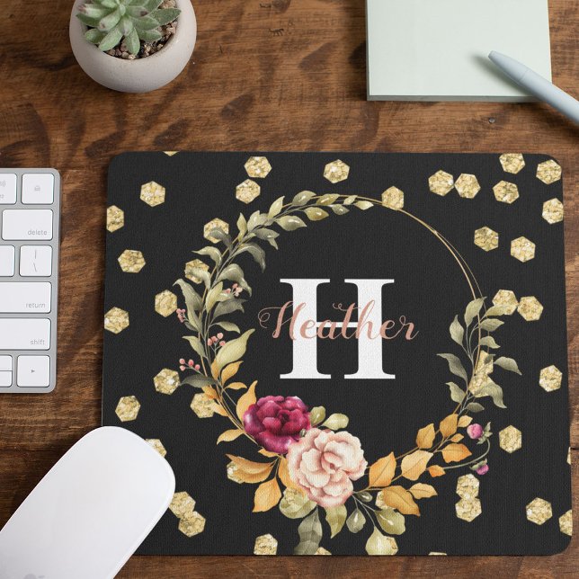 Mousepad Faux Dourado e Floral Wreath Monograma (Criador carregado)