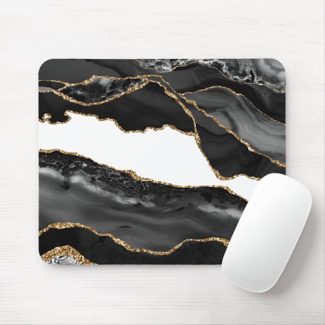 Mousepad Faux Marbled Agate Black Na moda Stone Luxury Dour (Com mouse)