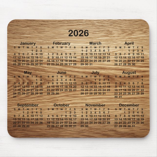 Mousepad Faux Oak Wood 2026 Calendar (Frente)