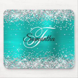 Mousepad Faux Shiny Silver Glitter Turquoise Monograma