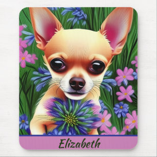 Mousepad Fawn Chihuahua Puppy no Prado Flor Personalizado