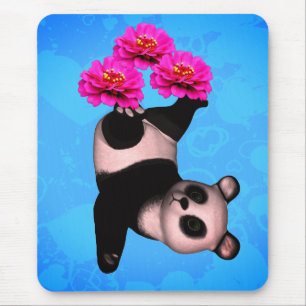 Mousepad Fazendo Malabarismo Com O Urso Panda E Flores Rosa