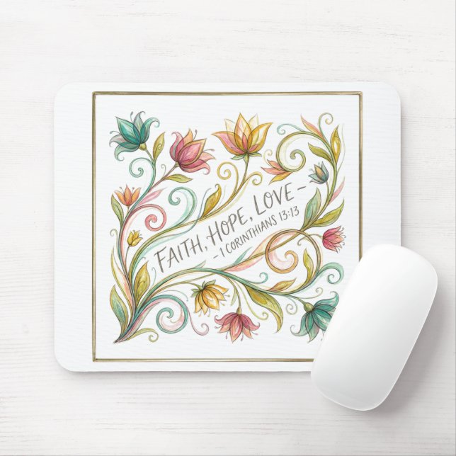 Mousepad Fé Esperança Amor floral (Com mouse)