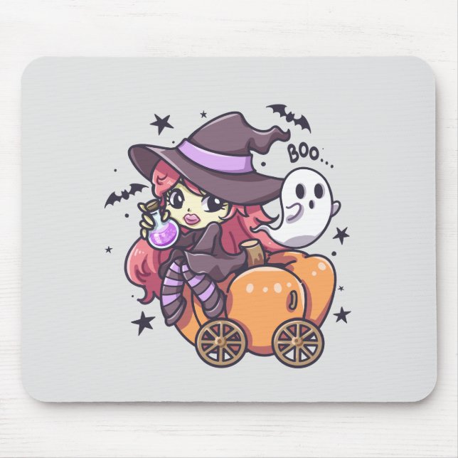 Mousepad Feiticeira bonitinha sentada num carro de abóbora (Frente)