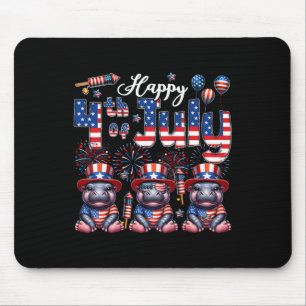 Mousepad Feliz 4 de Julho Três Hipopótamos Bonitos Sungles