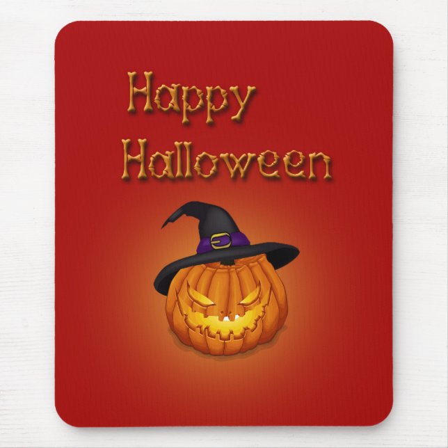 Mousepad Feliz Abóbora de Halloween com chapéu (Frente)