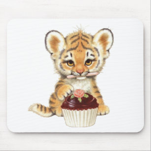 Mousepad Feliz aniversario - tigre bonito com cupcake