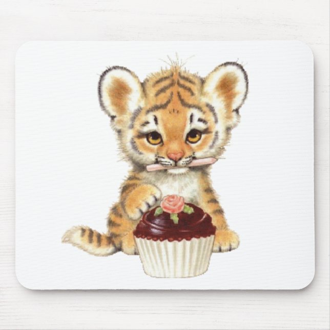 Mousepad Feliz aniversario - tigre bonito com cupcake (Frente)