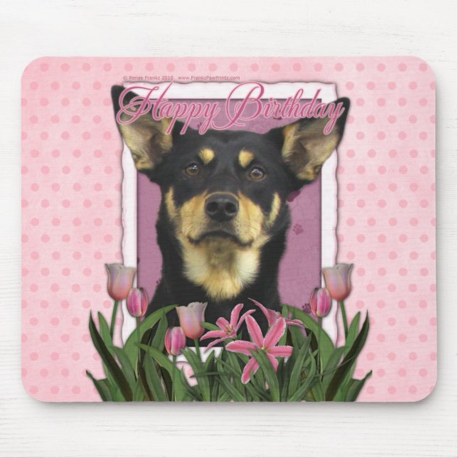 Mousepad Feliz aniversario - tulipas cor-de-rosa - Kelpie (Frente)