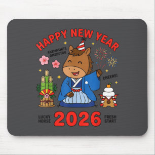 Mousepad Feliz Ano Novo 2026 Cavalo Fofo Celebração Japones
