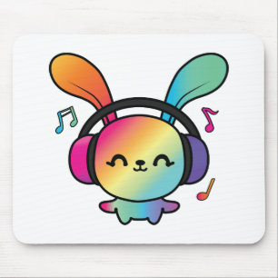 Mousepad Feliz Bunny com fones de ouvido ouvindo música.