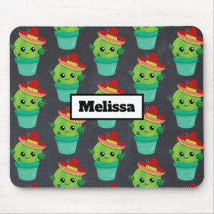 Mousepad Feliz Cactus Verde num Padrão Sombrero Vermelho