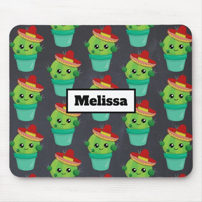 Mousepad Feliz Cactus Verde num Padrão Sombrero Vermelho (Frente)