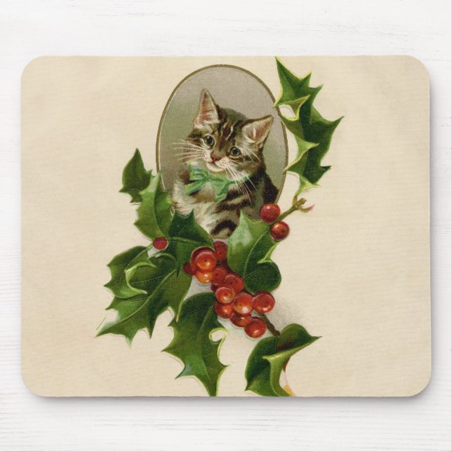 Mousepad Feliz de Natal Holly Kitten Arte Antiquada (Frente)