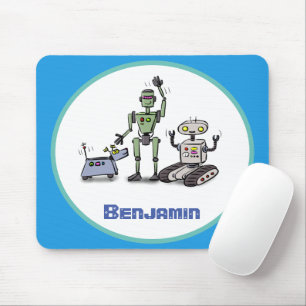 Mousepad Feliz desenho animado de robôs giros em fundo azu