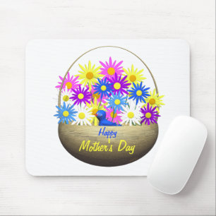 Mousepad Feliz dia de as mães de margaridas e pássaro azul