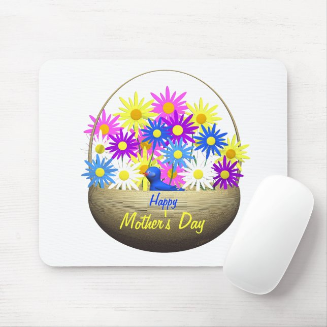 Mousepad Feliz dia de as mães de margaridas e pássaro azul (Com mouse)