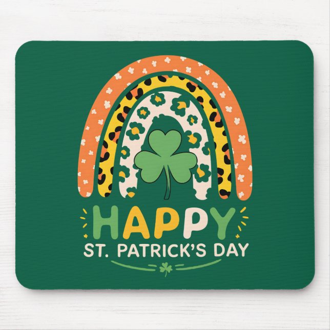 Mousepad Feliz Dia de São Patrício Leopardo Arco-íris Fofo (Frente)