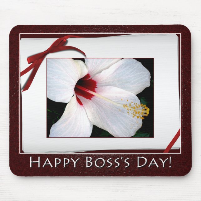 Mousepad Feliz Dia do Chefe White Hibiscus Floral (Frente)