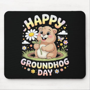 Mousepad Feliz Dia do Groundhog 2026 Groundhog Fofo Com Flo