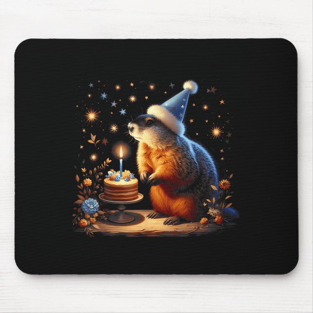 Mousepad Feliz Dia do Groundhog Ground Hog Com Bolo de Aniv (Frente)