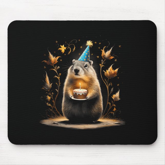 Mousepad Feliz Dia do Groundhog Ground Hog Com Bolo de Aniv (Frente)