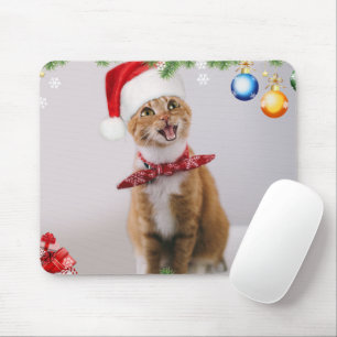 Mousepad Feliz gato com chapéu de natal vermelho