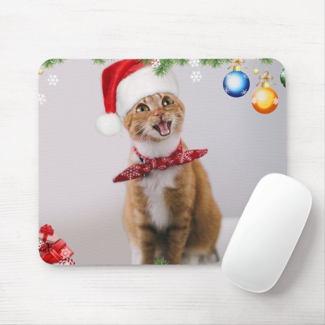 Mousepad Feliz gato com chapéu de natal vermelho (Com mouse)