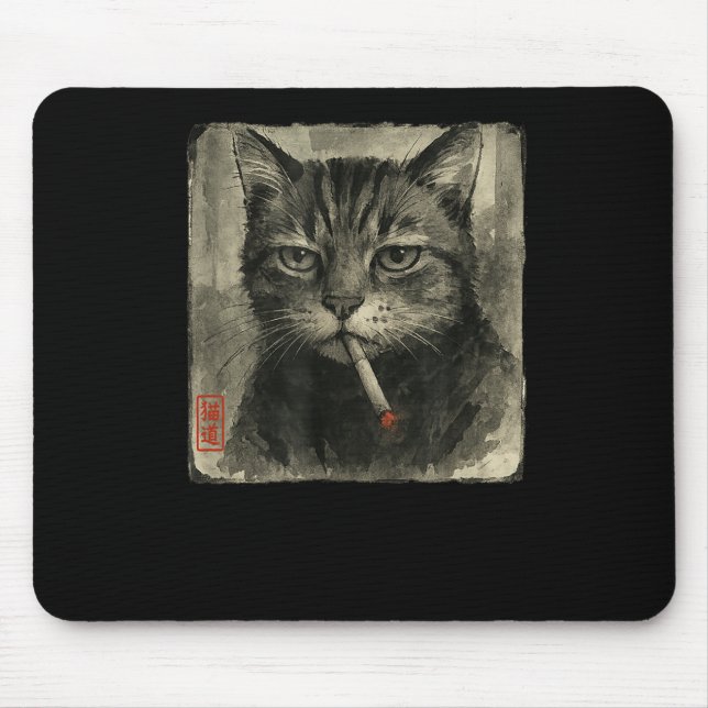 Mousepad Feliz Gato Fumante Cigarro Meme Sumi-e (Frente)