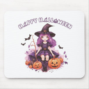 Mousepad Feliz Halloween Roxo Bruxas Pumpkins & Bats