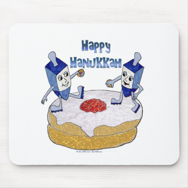 Mousepad Feliz Hanukkah Dançando Dreidels Jelly Doughnut (Frente)