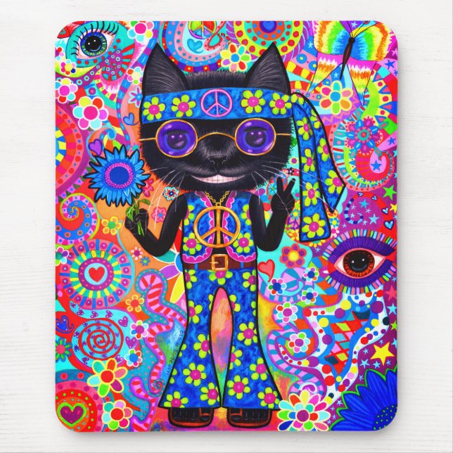 Mousepad Feliz Hippie Gato Óculos de Sol Sinal de Paz Flor (Frente)