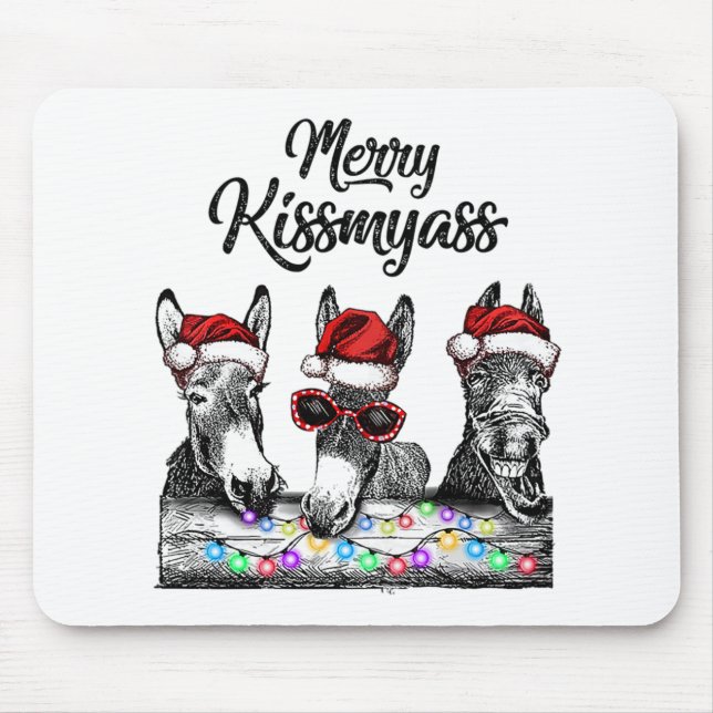 Mousepad Feliz Kissmyass Donkey Santa Hat String Luzes (Frente)