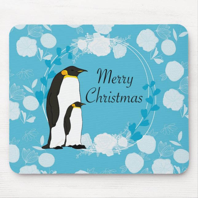 Mousepad feliz natal, natal, pinguim, flores, azul, (Frente)