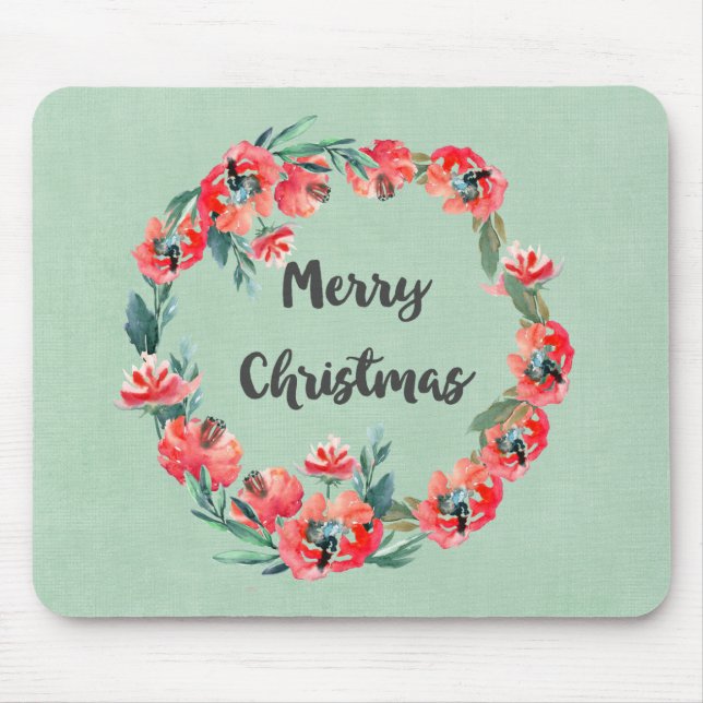 Mousepad Feliz Natal Red Floral Watercolor Wreath (Frente)