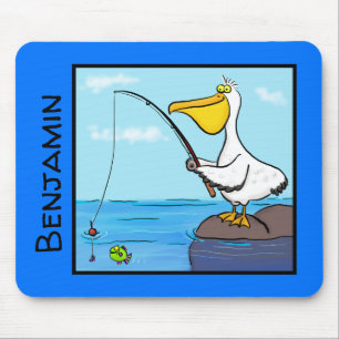 Mousepad Feliz pelicano com cartoon de vara de pesca