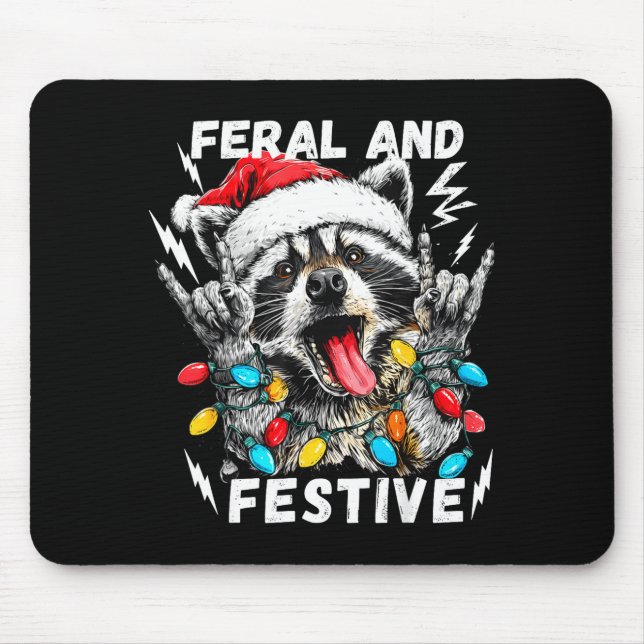 Mousepad Feral And Festive Funny Christmas Rocker Raccoon S (Frente)