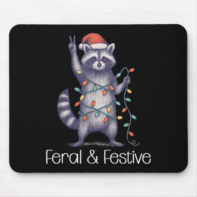 Mousepad Feral And Festive Raccoon, Funny Christmas  (Frente)