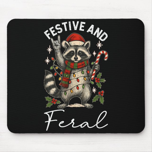 Mousepad Feral And Festive Raccoon Santa Hat Christmas Ligh (Frente)