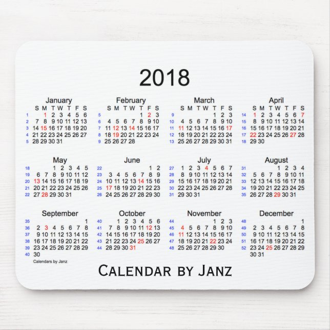 Mousepad Feriado 2018 calendário branco de 52 semanas por (Frente)