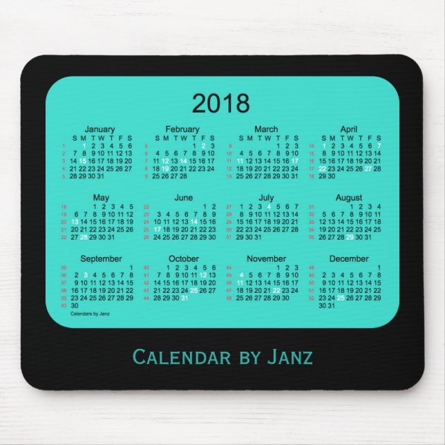 Mousepad Feriado 2018 calendário de turquesa de 52 semanas (Frente)