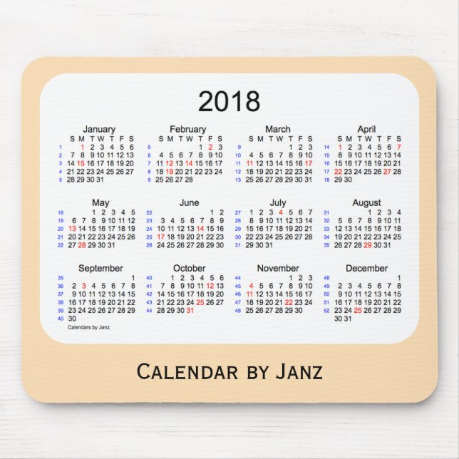 Mousepad Feriado 2018 calendário do trigo de 52 semanas por (Frente)