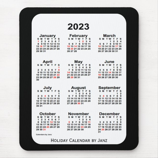 Mousepad Feriado 2023 Calendário preto de dois tons por Jan (Frente)