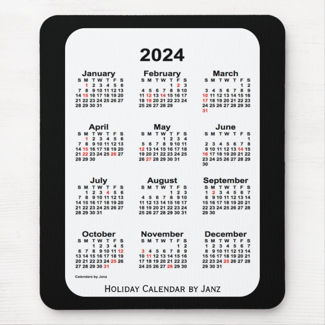 Mousepad Feriado 2024 Calendário preto de dois tons por Jan (Frente)