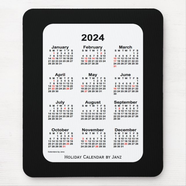 Mousepad Feriado 2024 Calendário preto de dois tons por Jan (Frente)